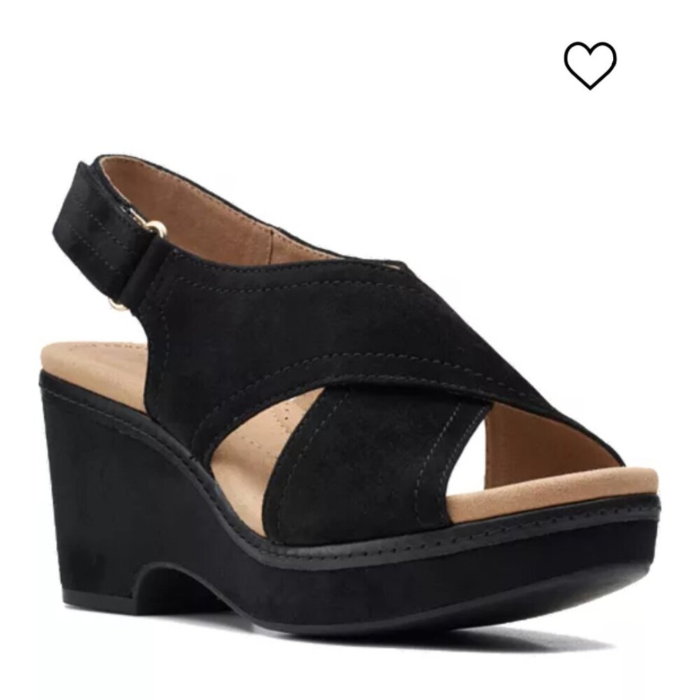 Clarks Comfort Giselle Cove Platform Wedge Suede Slingback Sandal in Blk/Blk 6